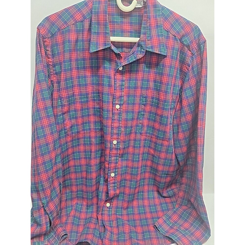 Vtg BENTON ROW Shirt Men L RED Plaid‎ Long Sleeve Button Down Casual
